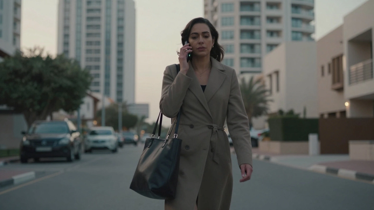 A woman walking peacefully through a quiet Dubai neighborhood at dusk, exuding quiet confidence and safety.