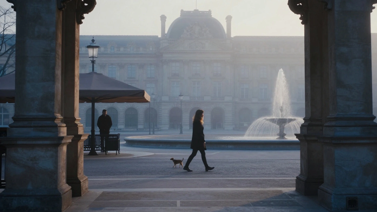 Dawn breaks over Cours Mirabeau as a woman walks her dog, a distant figure observing silently.