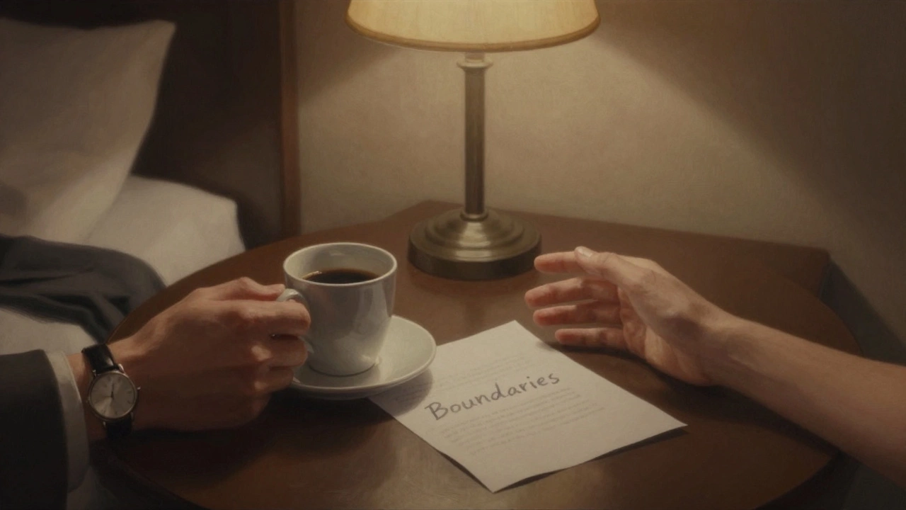 Two hands meeting across a table in a hotel room, symbolizing trust and human connection without physical intimacy.
