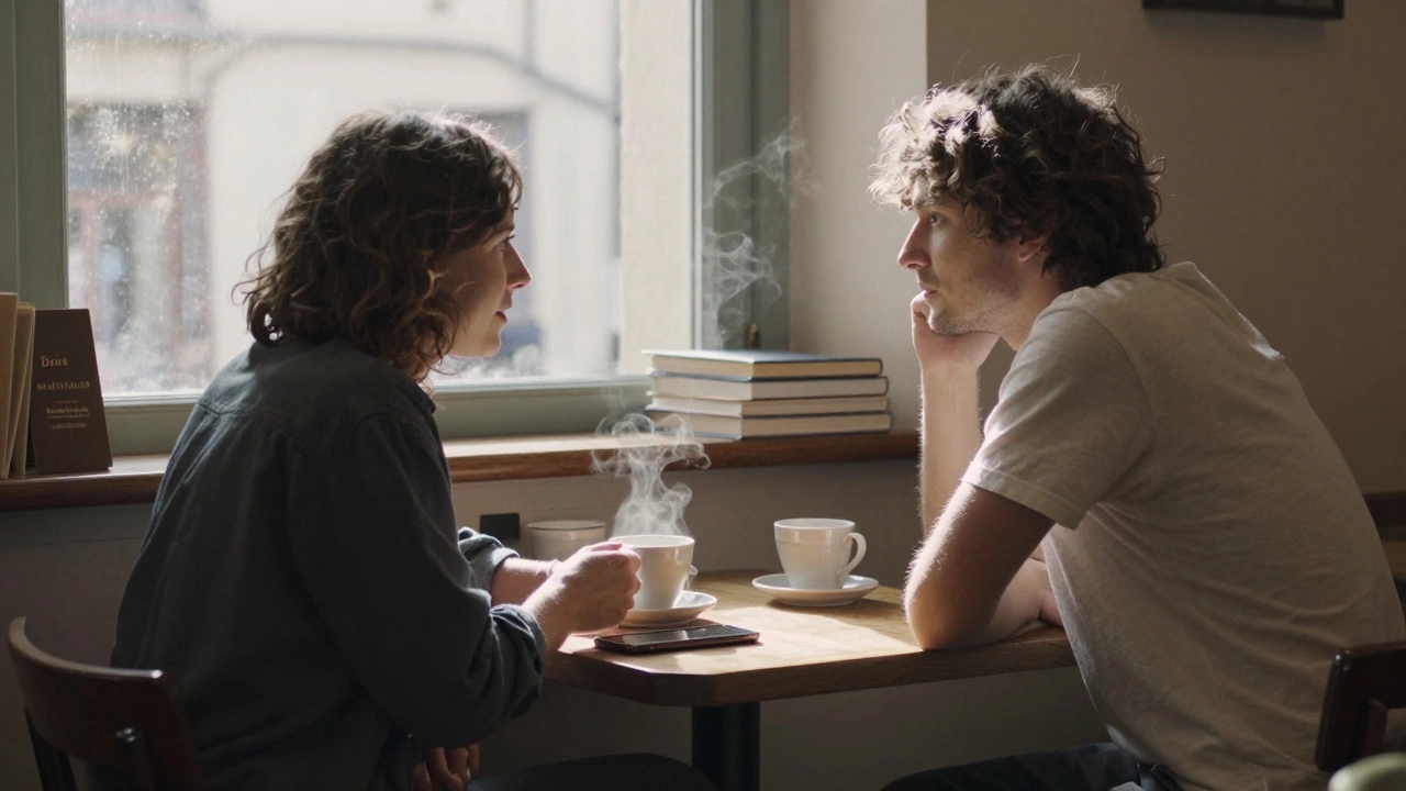 Two people share a quiet coffee conversation in a cozy Aix café, sunlight filtering through curtains.