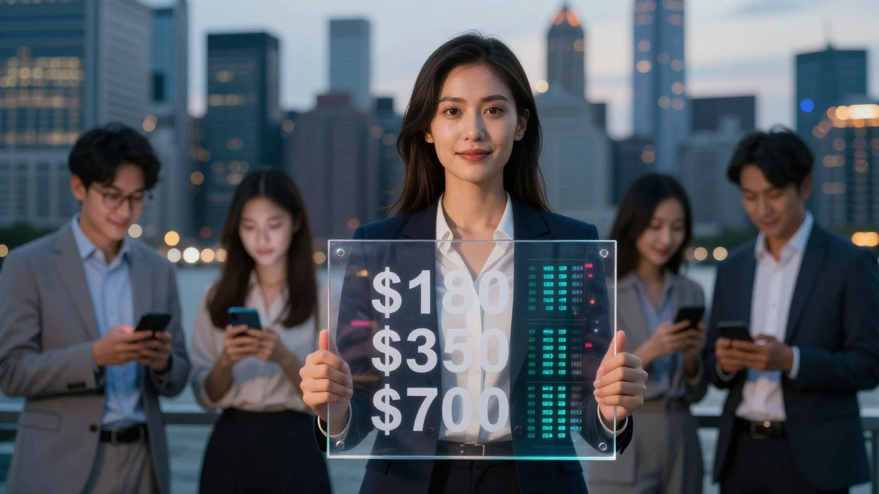 Woman standing confidently before city skyline with transparent price tags reflecting in her sign.